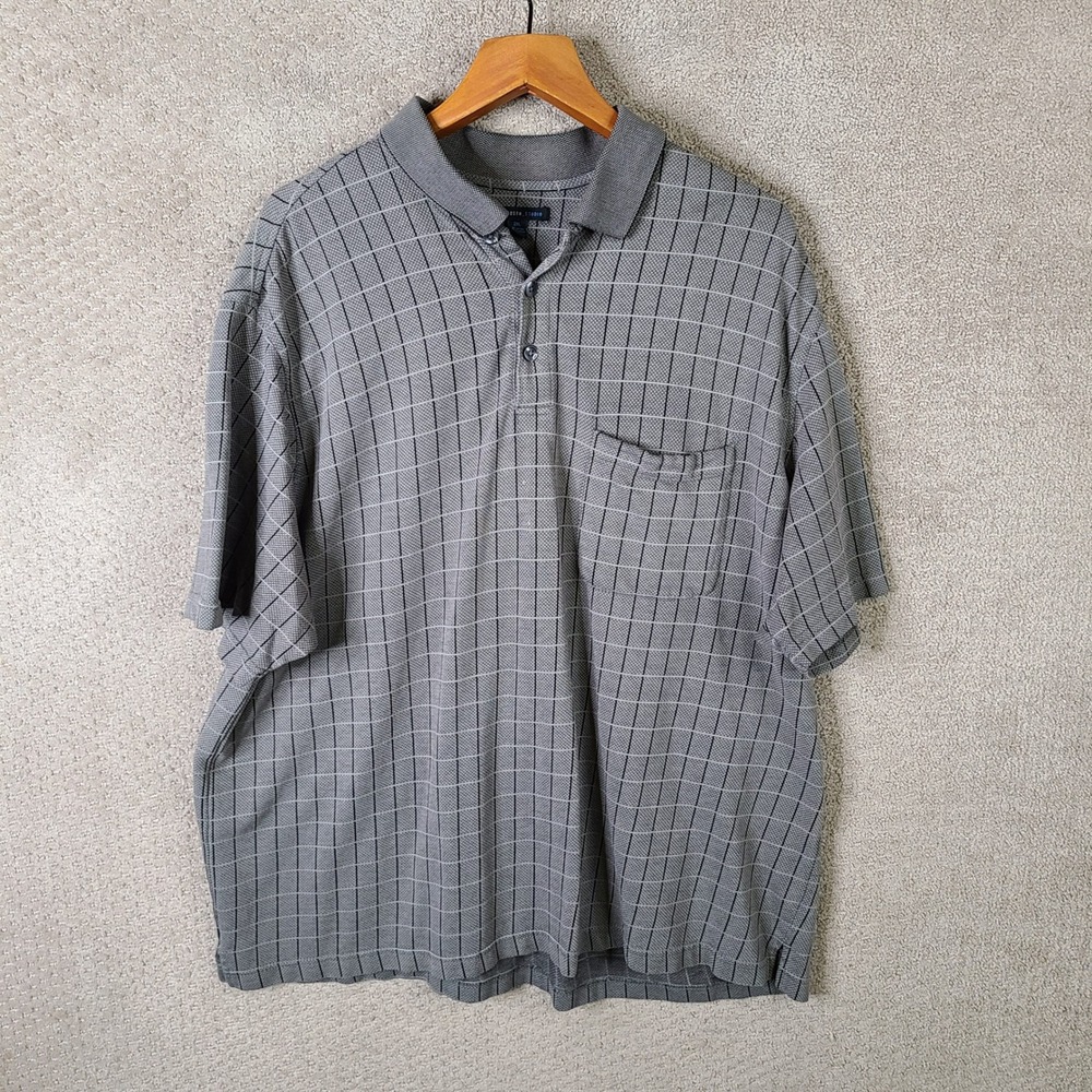 Van Heusen Shirt Mens 2XL Gray Black Check Polo Grid Pattern Short Sleeve Cotton
